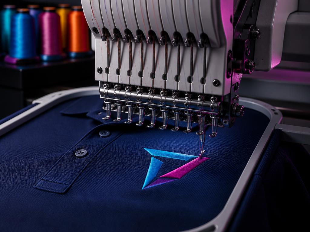 Máquina de bordado computadorizado bordando logo em camisa polo