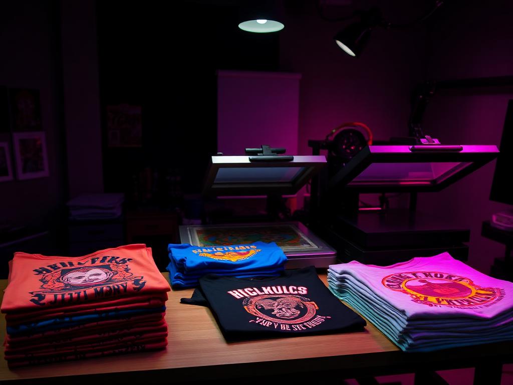 Camisetas estampadas com impressão DTF têxtil em uma estamparia profissional